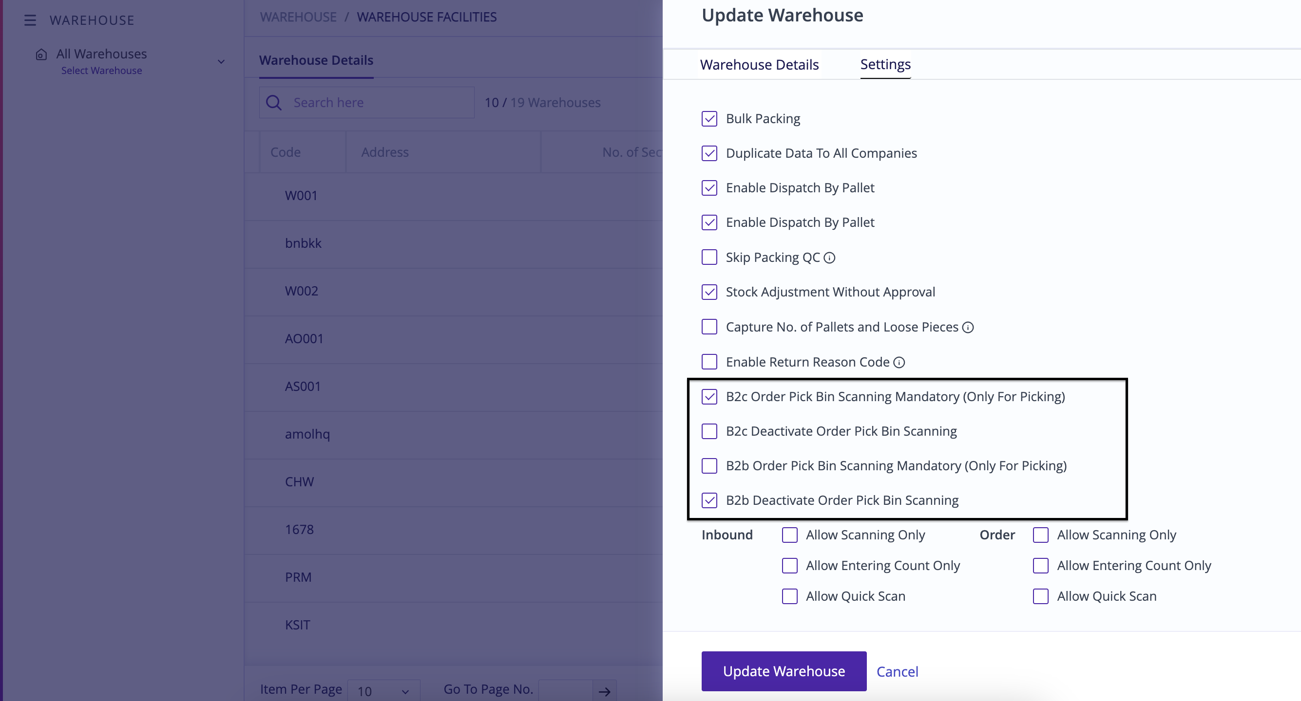 A screenshot of a warehouse login

Description automatically generated