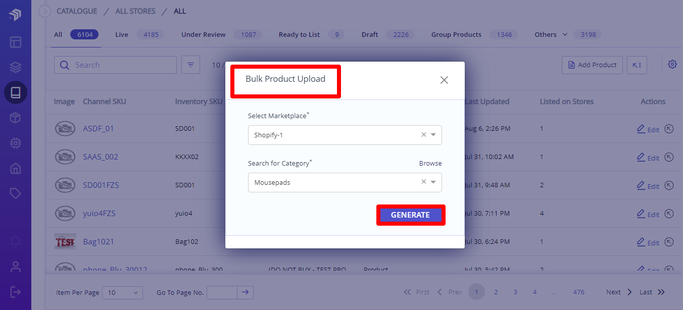 bulk product upload pop up geneerate