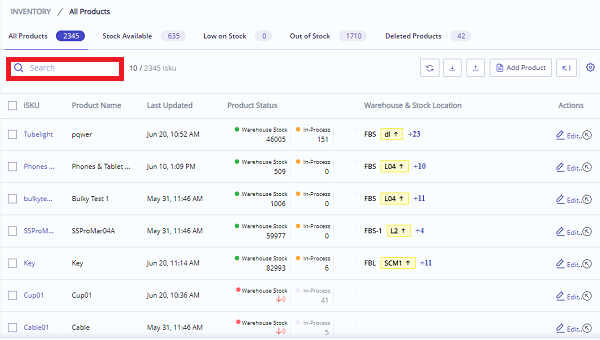 Inventory main page search box