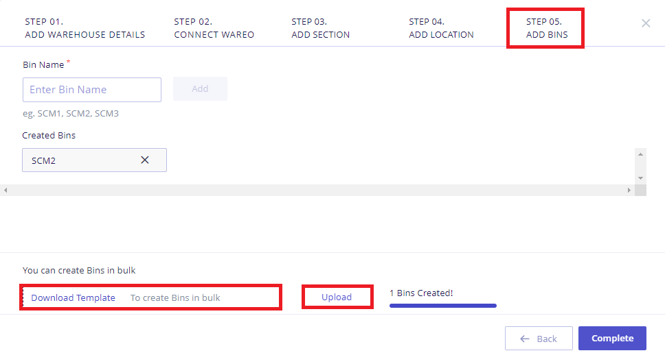 Bulk upload bins- existing warehouse