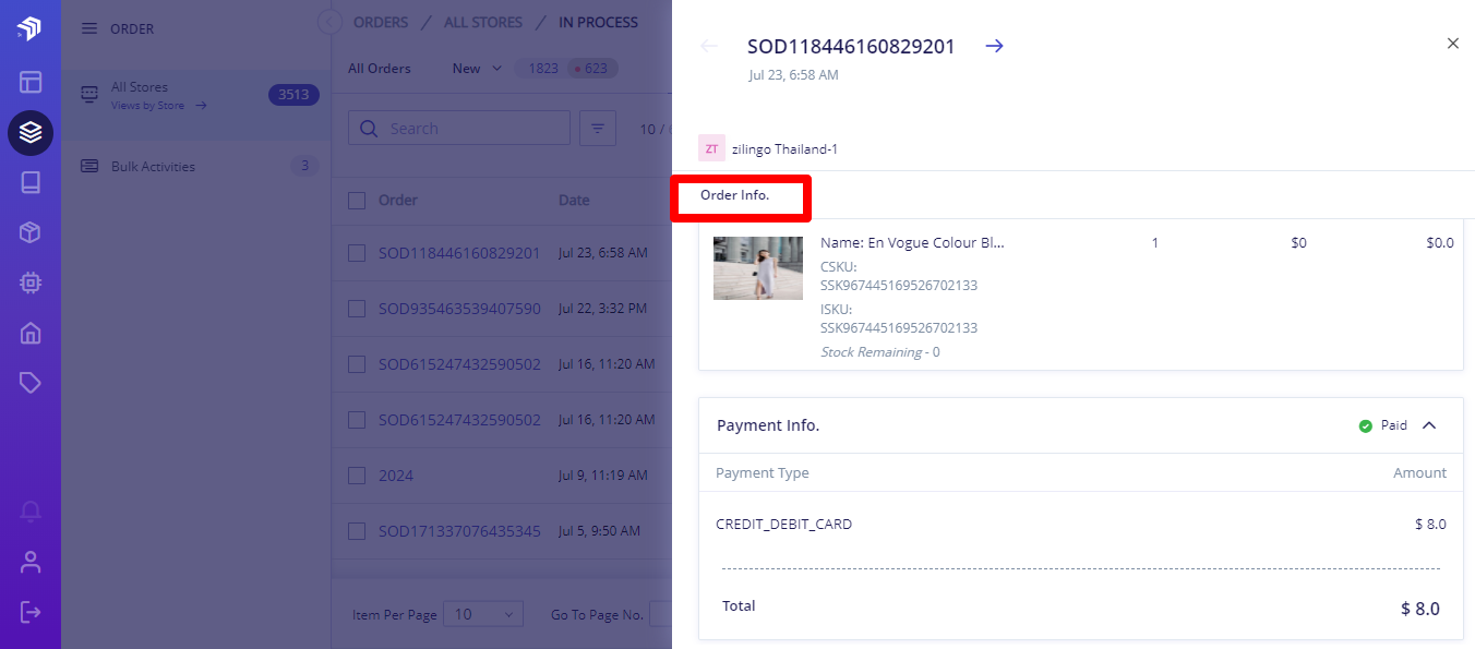 order summary for a product