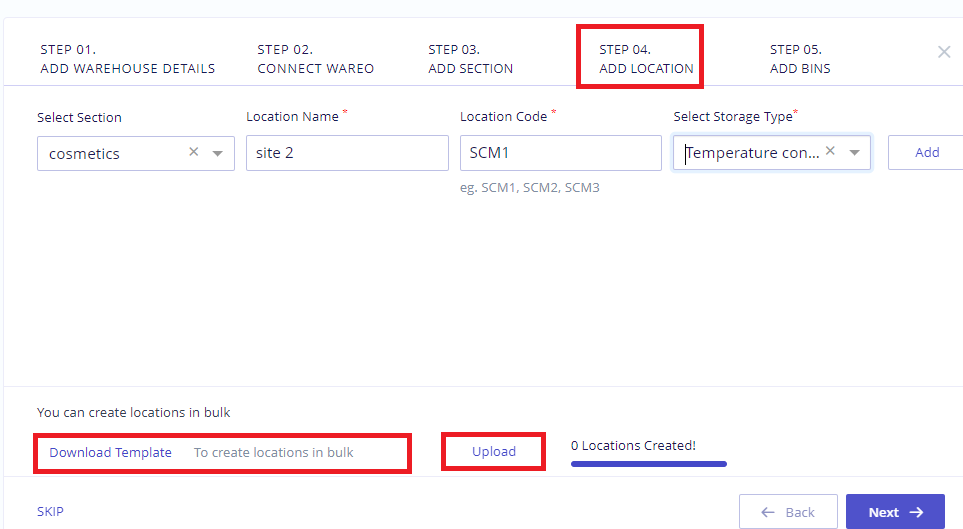 Bulk location upload- existing warehouse